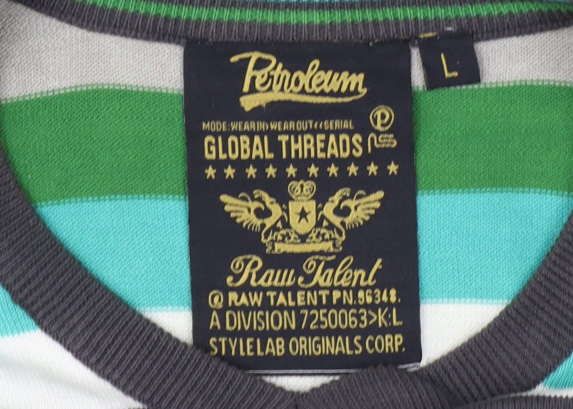 Petroleum Men's Multicoloured L V-Neck Cotton Striped Jumper
