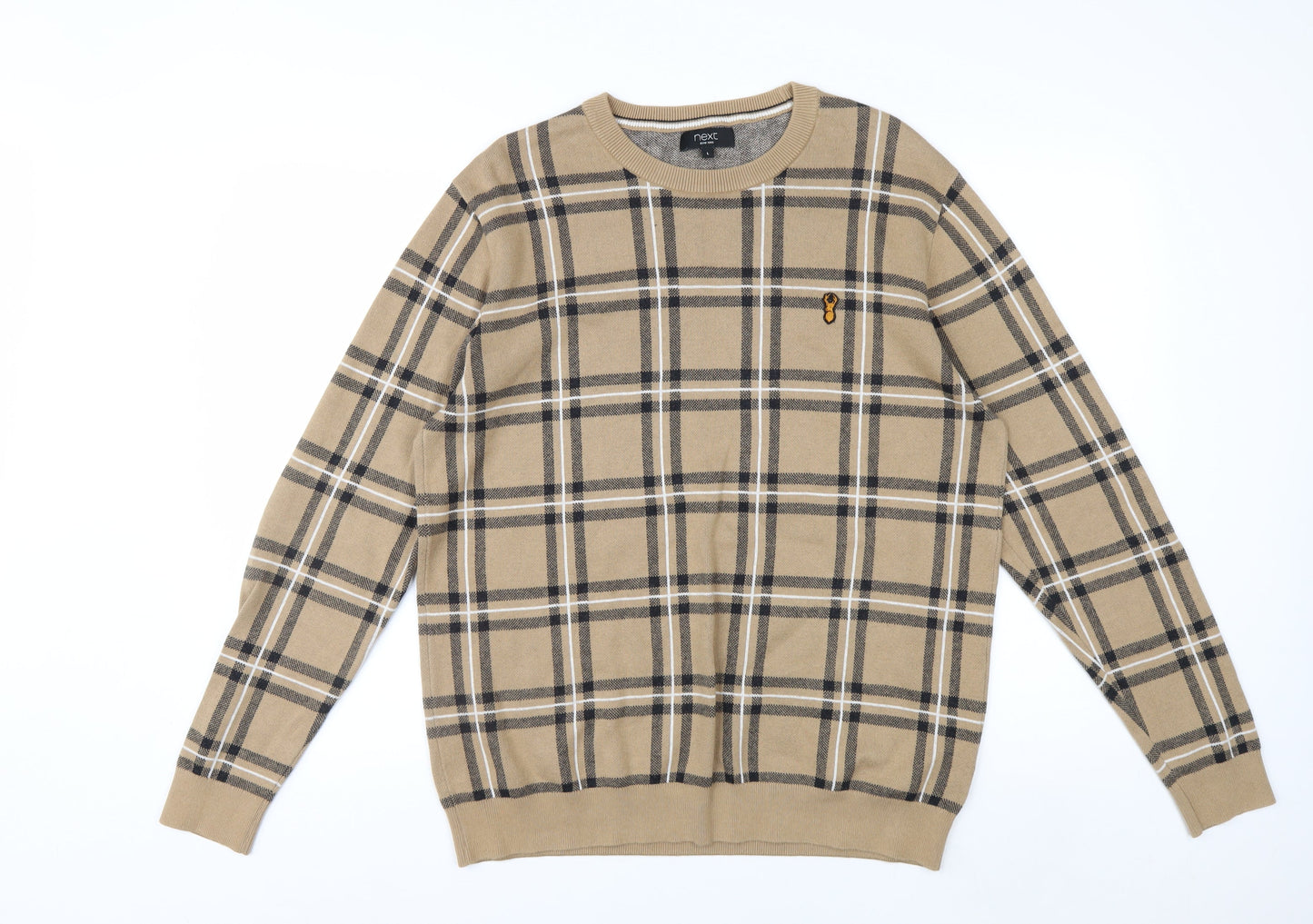 Next Men Beige Check Cotton Crew Neck Pullover Jumper L