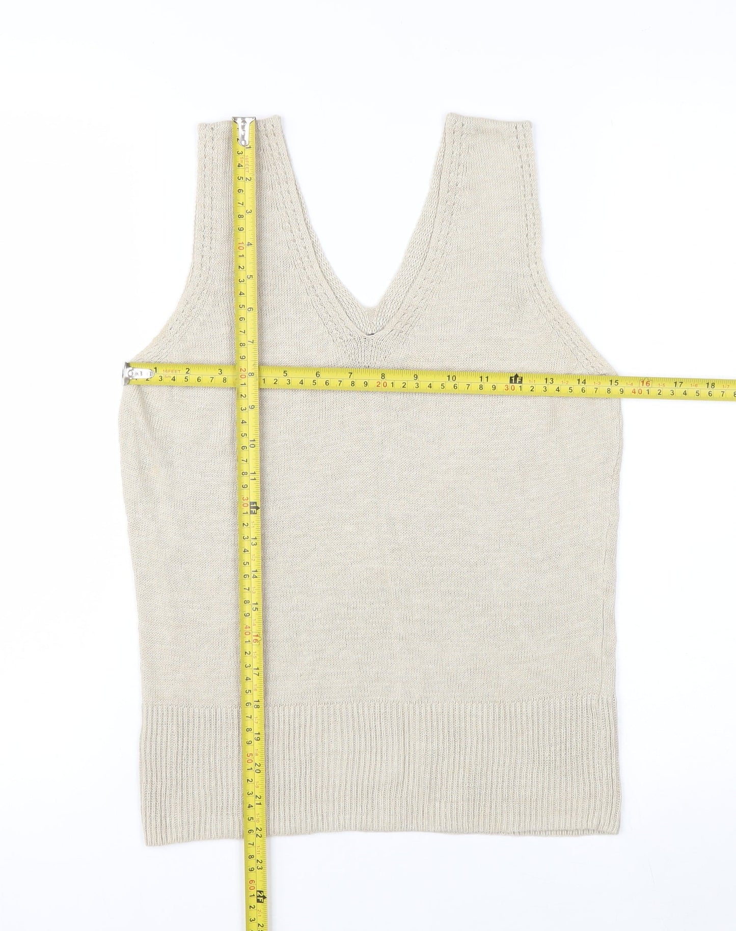 Claudia Sträter Womens Beige Linen V-Neck Sleeveless Tank Top Size 12