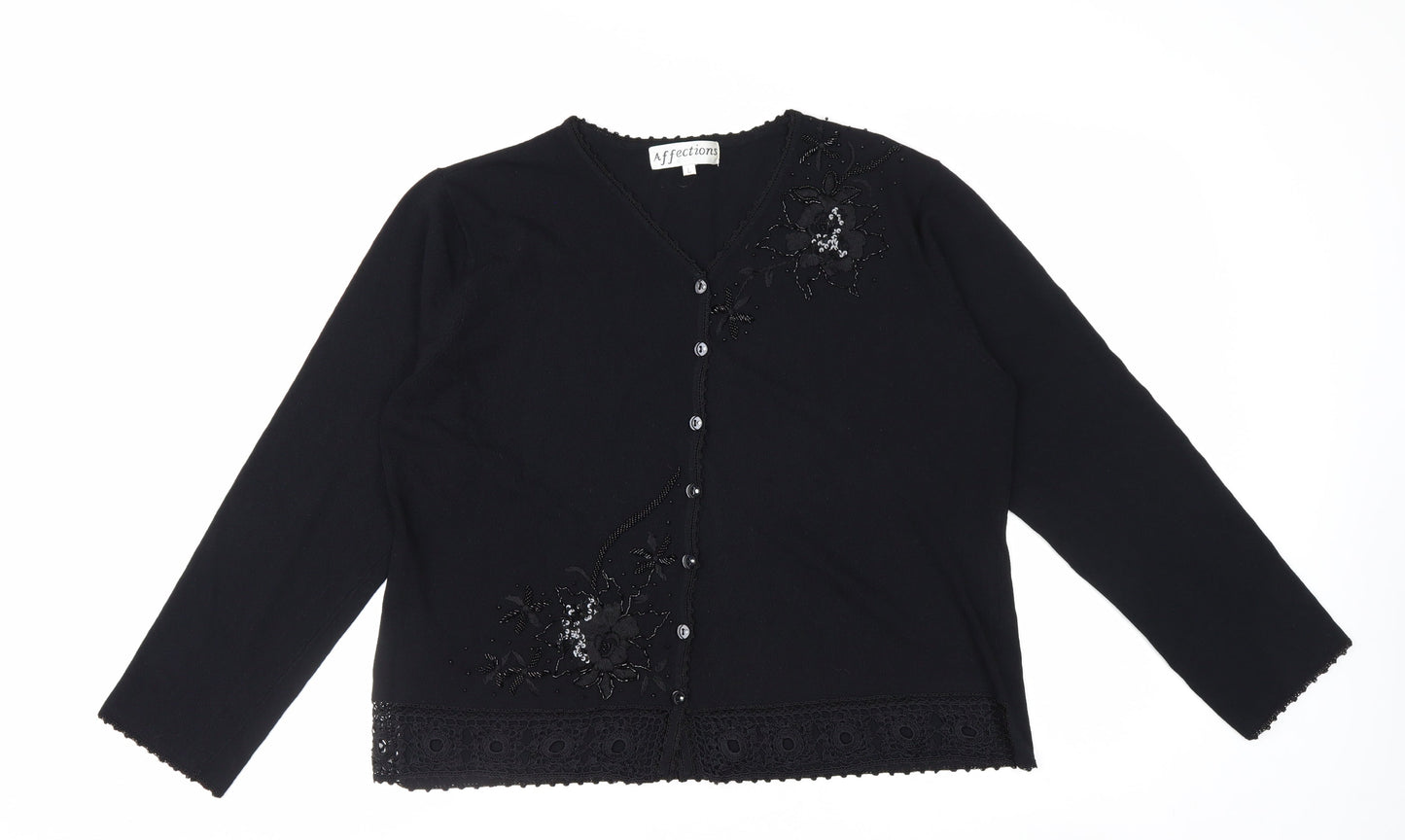Affections Women Black L Floral Embroidered Sequin Knit Cardigan