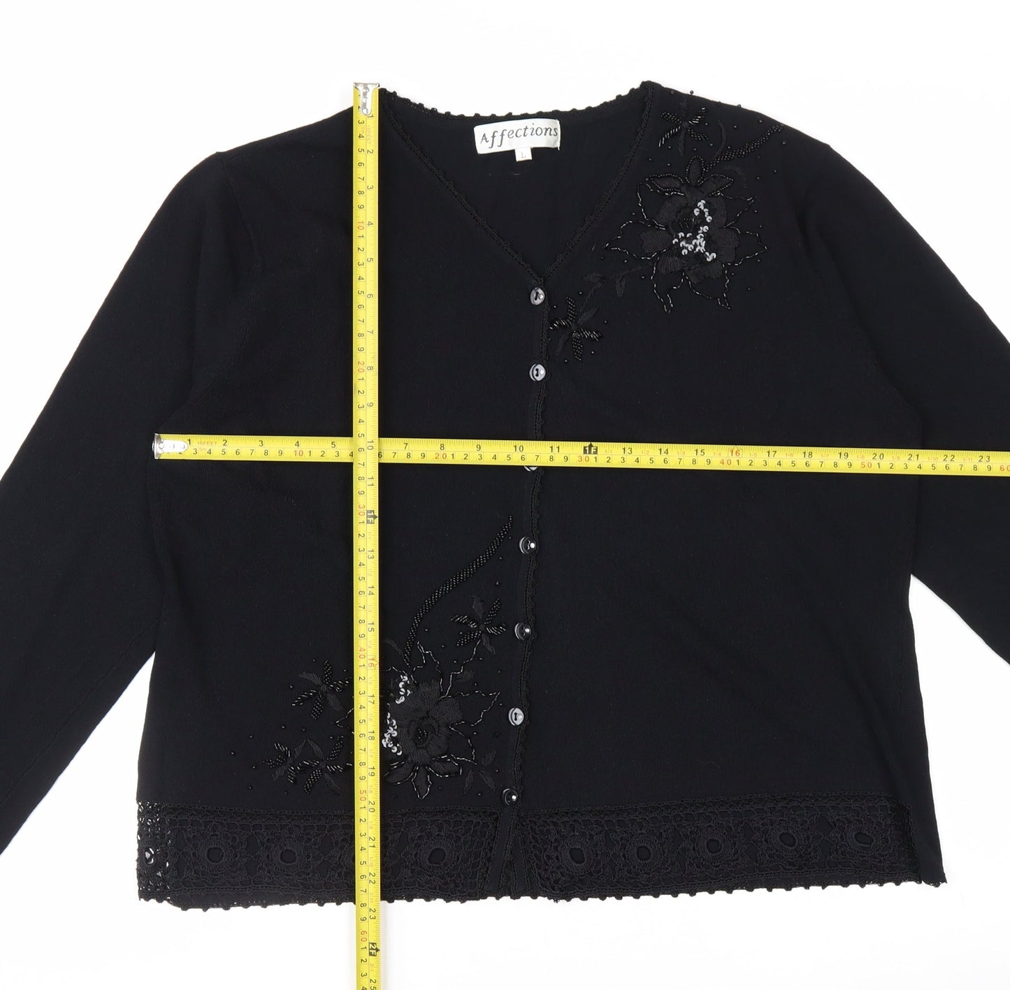 Affections Women Black L Floral Embroidered Sequin Knit Cardigan