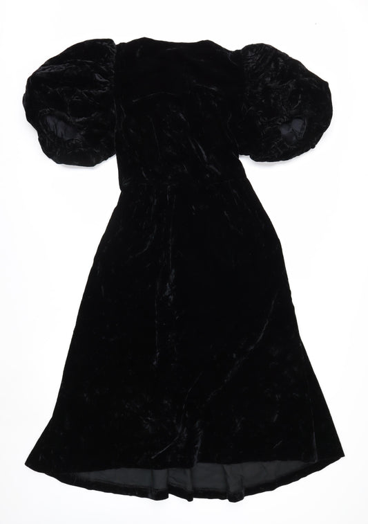 Maggy London Women’s Black Velvet Puff Sleeve Midi Dress Size 8