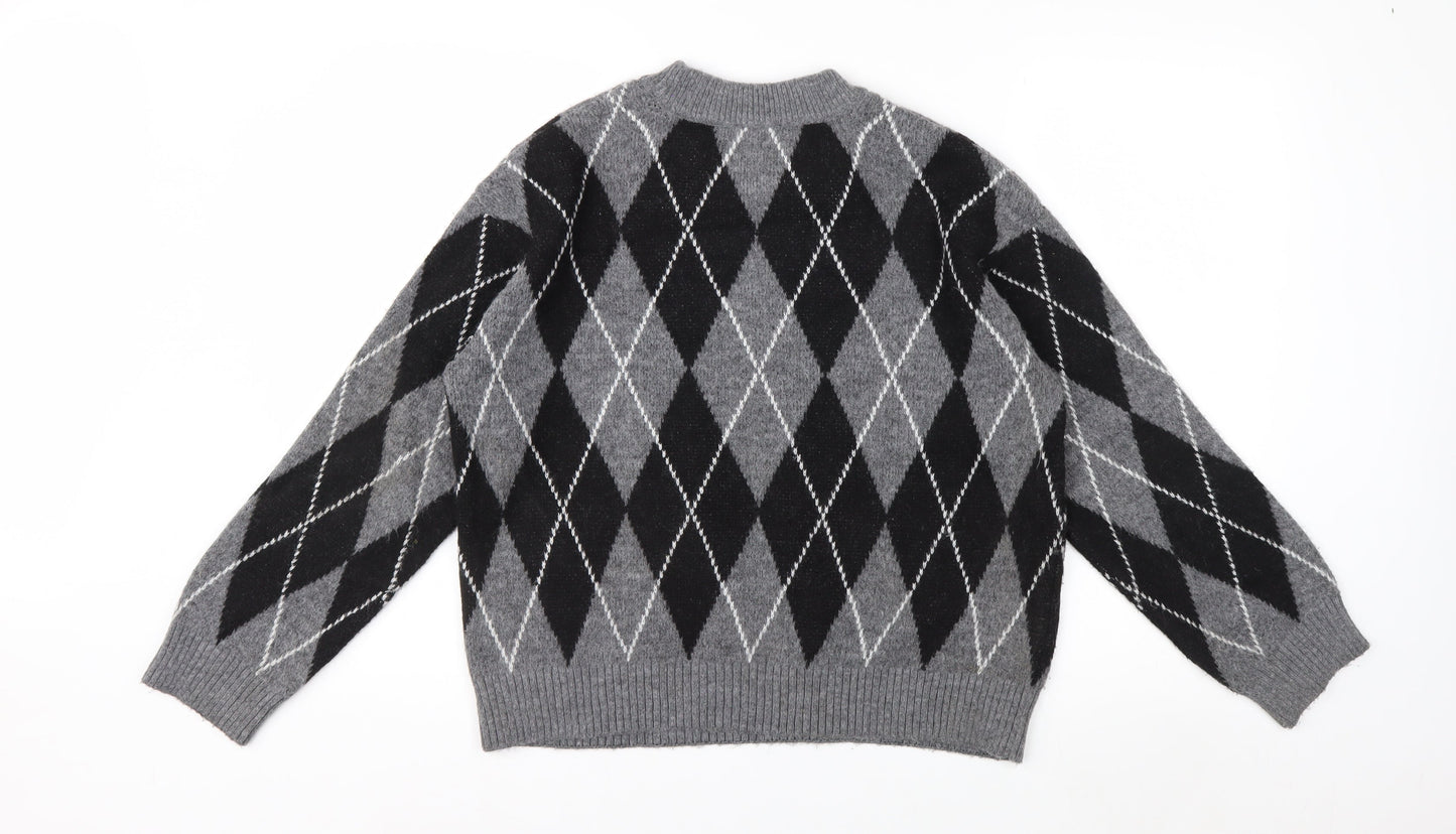 New Look Women's Grey Argyle Crew Neck Jumper Size S