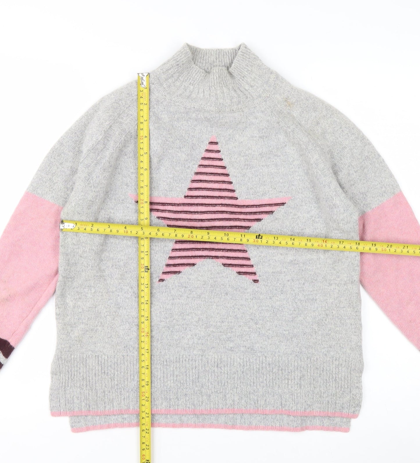 White Stuff Women Grey Pink Star Jumper UK 8 Lambswool Blend Knit