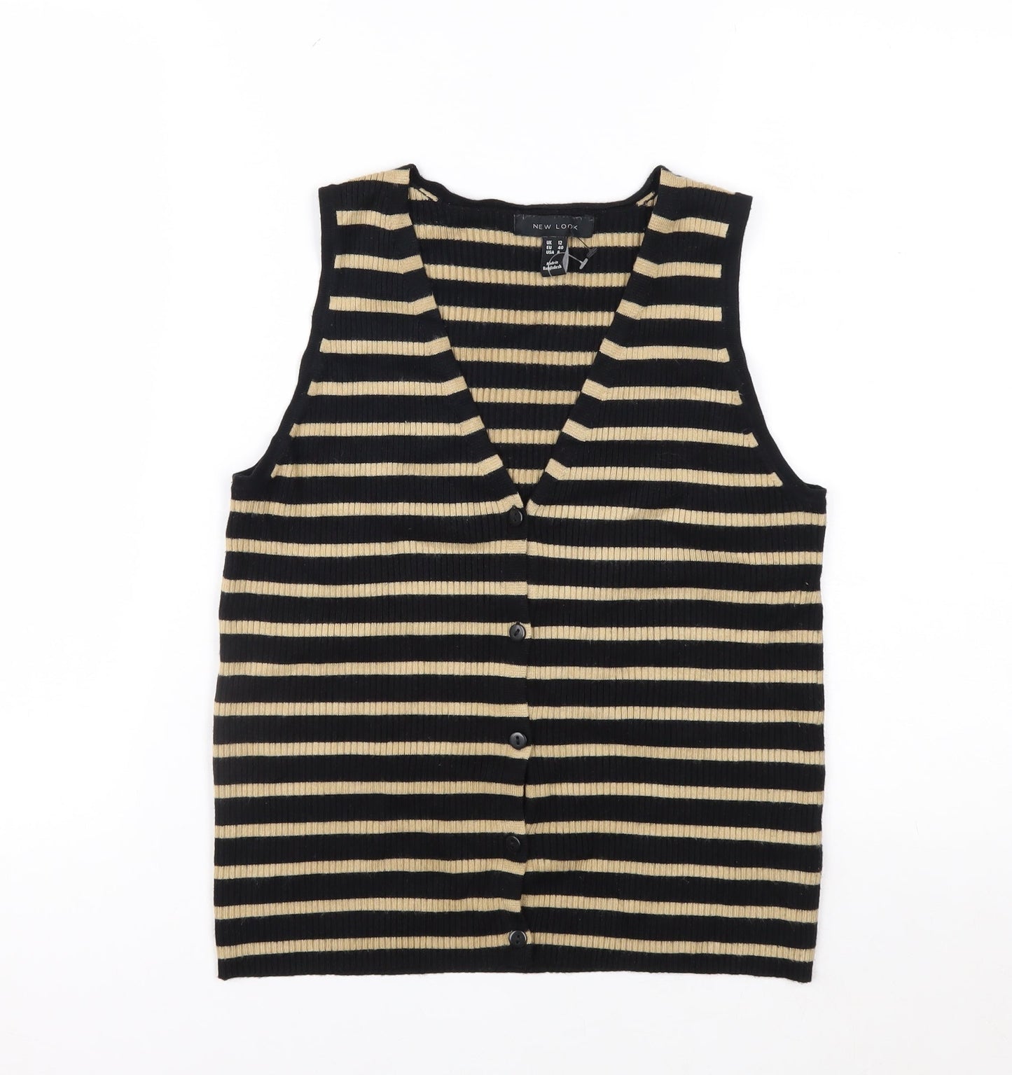 New Look Women’s Black Beige Striped Knit Vest UK 12 V-Neck