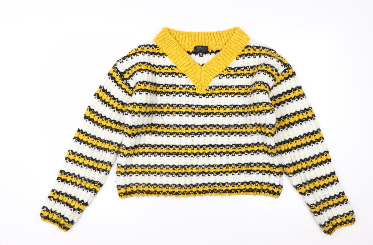 Topshop Women's Multicoloured Striped V-Neck Chunky Knit Jumper Size 10