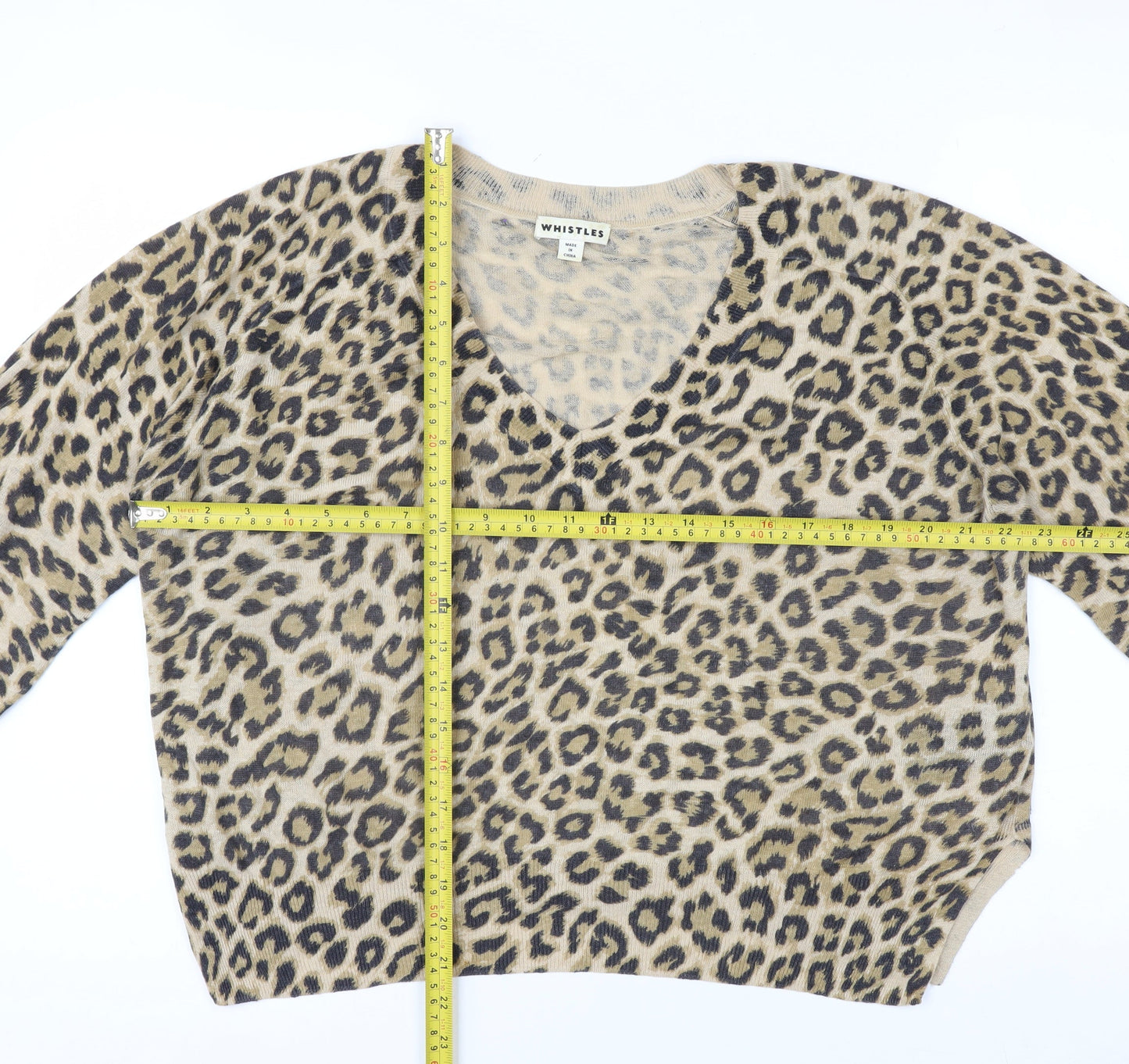 Whistles Women Beige Leopard Print Linen V-Neck Jumper Size S
