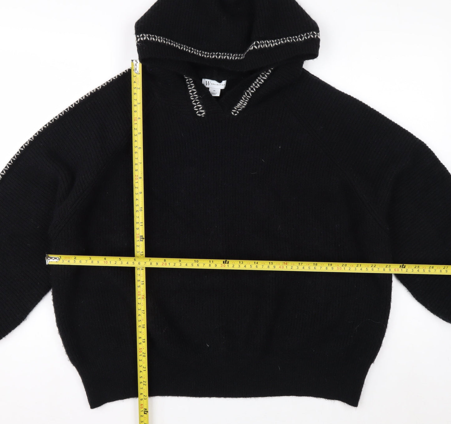 W Collection Women's Black Knitted Wool Hoodie XL Relaxed Fit