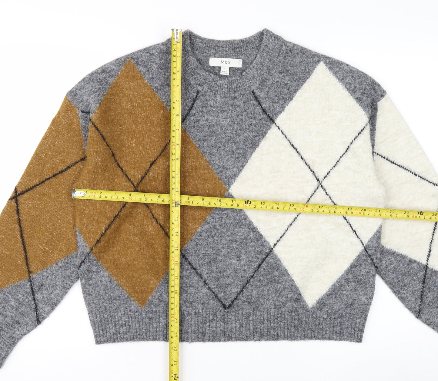 Marks and Spencer Women Grey Argyle Wool Blend Pullover Jumper Size S