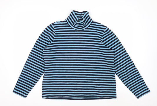 Lands' End Women Blue Black Striped Fleece Pullover Sweatshirt 10-12