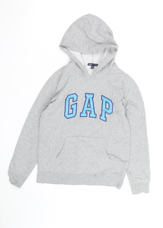 GAP Kids Boys Grey Pullover Hoodie with Blue Logo - Size 6-7 Years