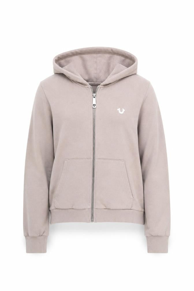 Front view of True Religion Women Beige Full Zip Hoodie, size S, Cotton Fleece Logo