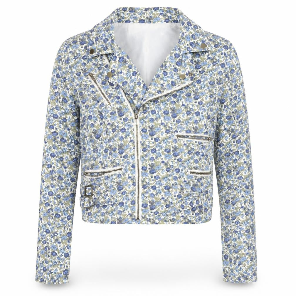 Blend Women Blue Floral Biker Jacket Cotton Zip Lined L