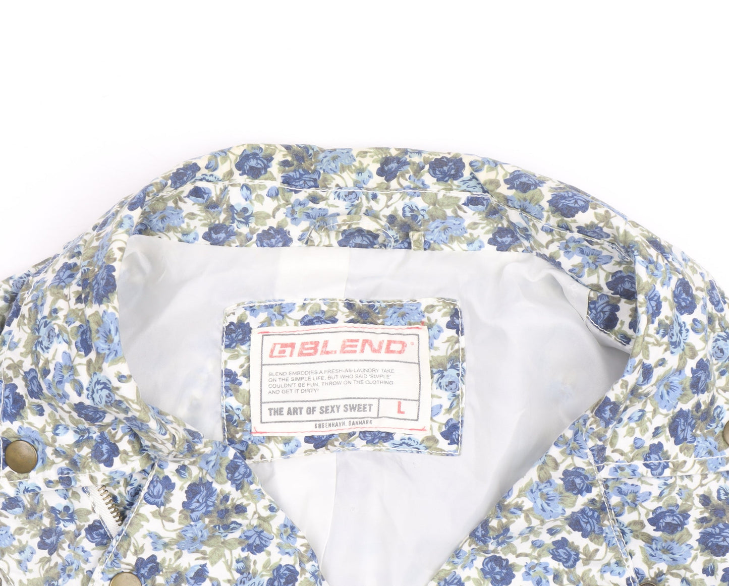 Blend Women Blue Floral Biker Jacket Cotton Zip Lined L