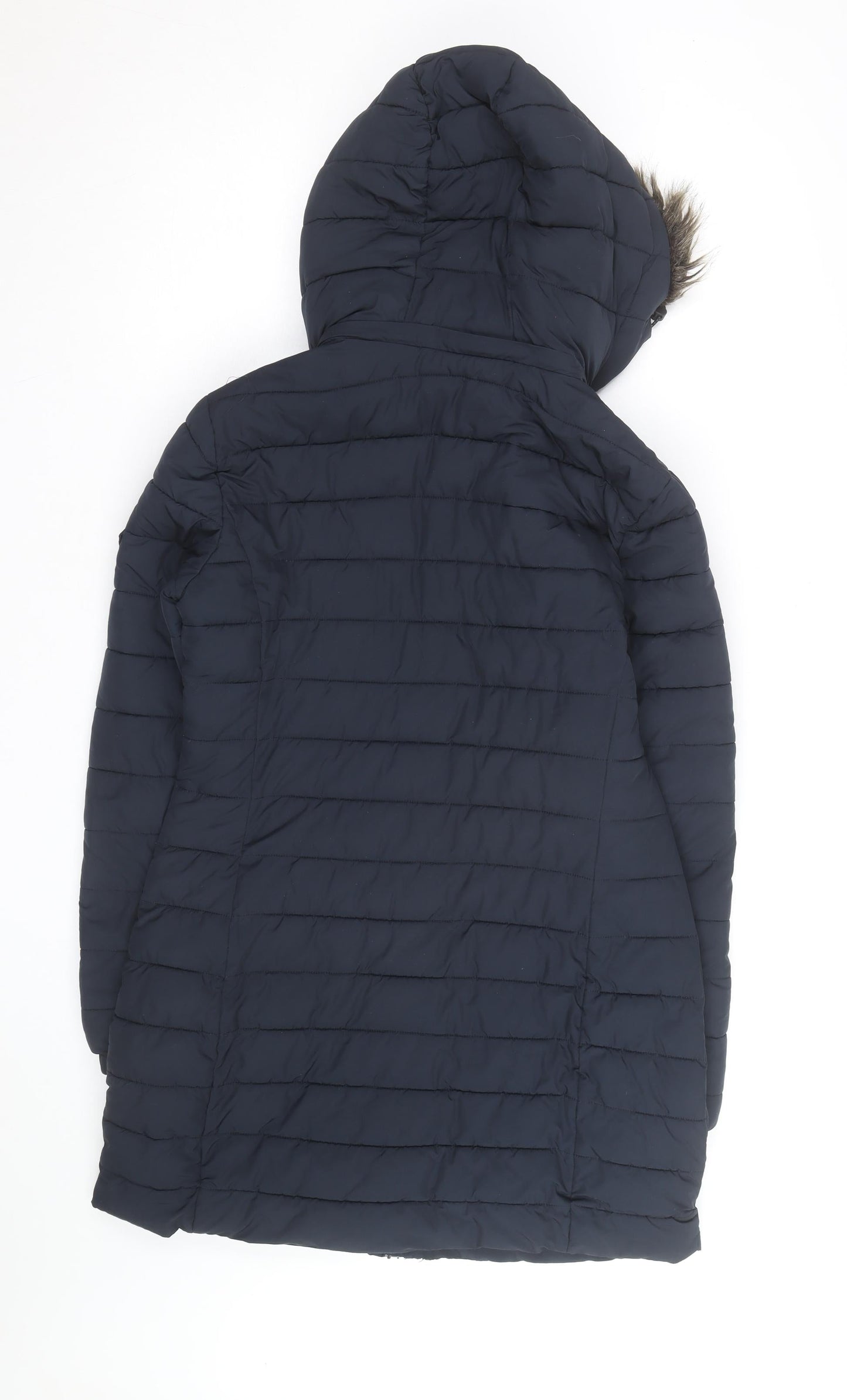 Superdry Womens Blue Long Puffer Coat Hooded Faux Fur Trim Size S