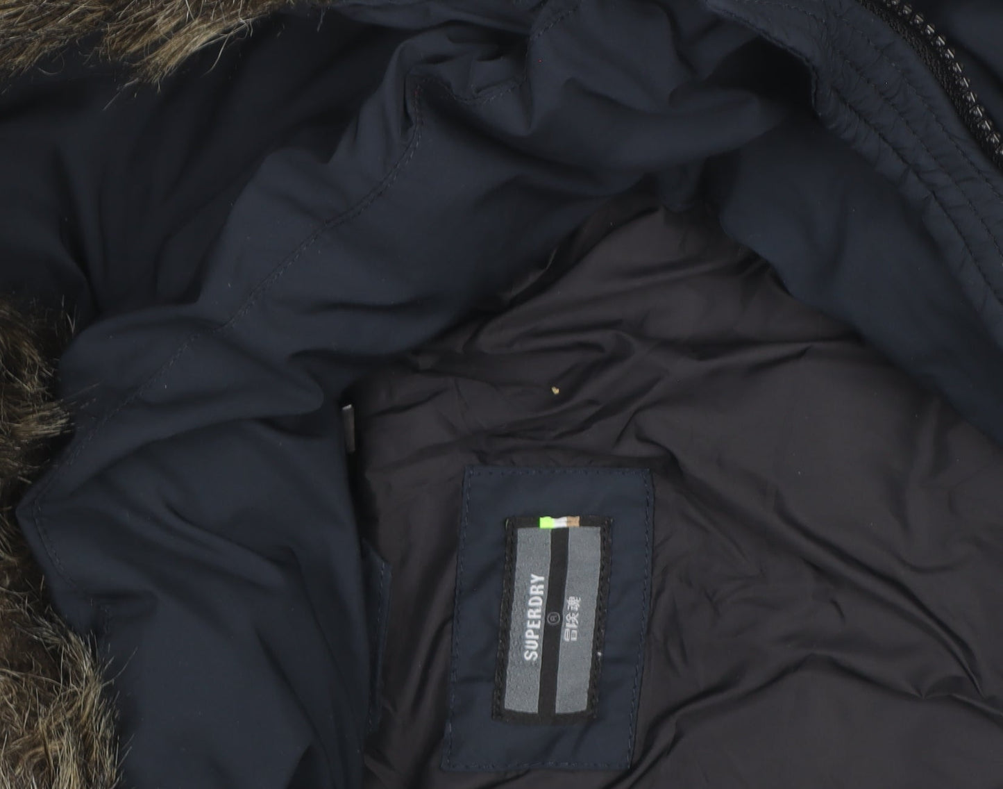 Superdry Womens Blue Long Puffer Coat Hooded Faux Fur Trim Size S
