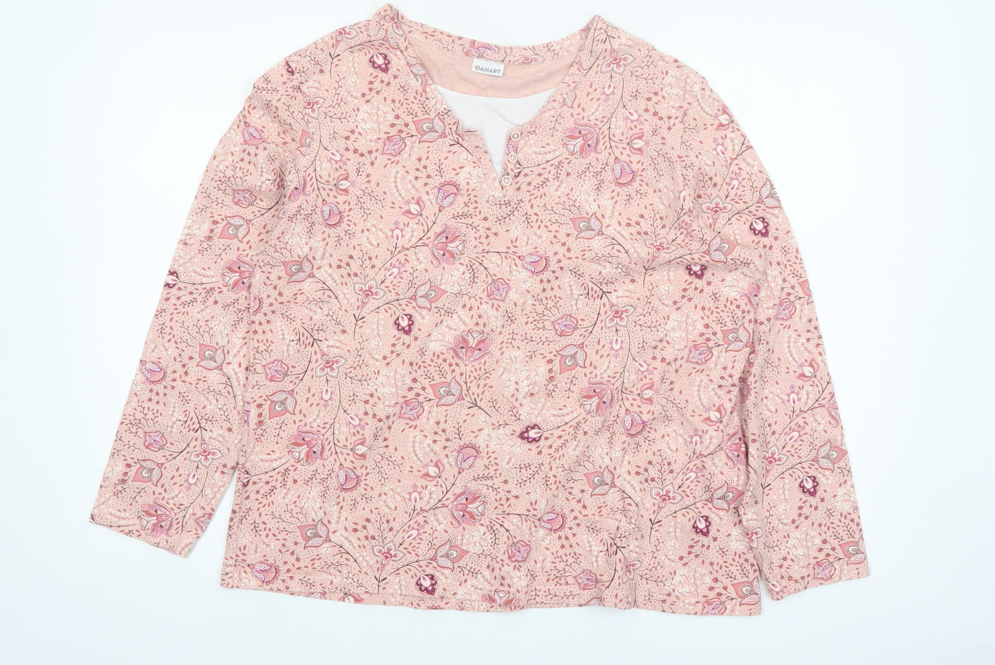 Damart Womens Pink Floral Henley Cotton Jumper Size L 18/20