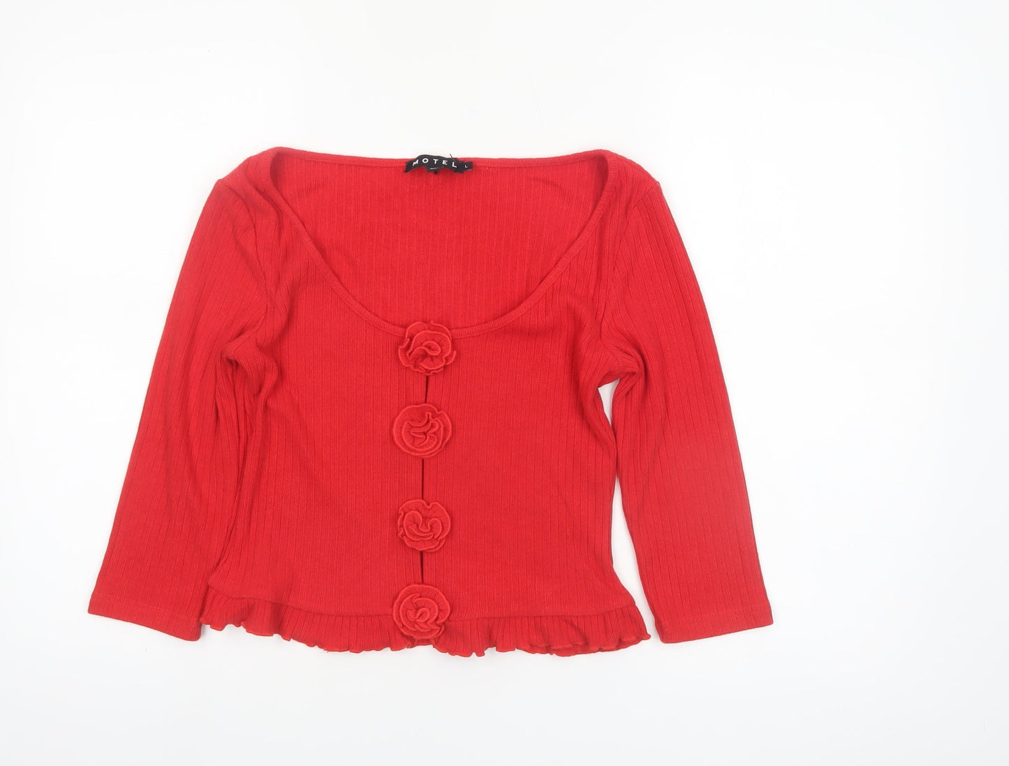 Motel Women Red Cropped Button Ruffle Knit Top Size L