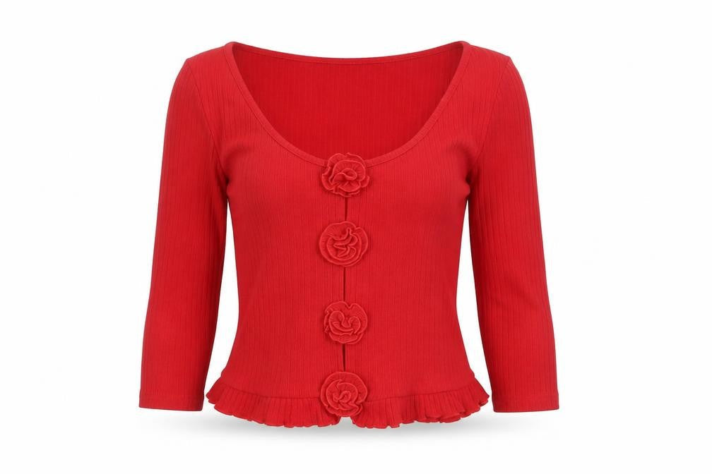 Motel Rocks Women Red Cropped Button Ruffle Knit Top Size L