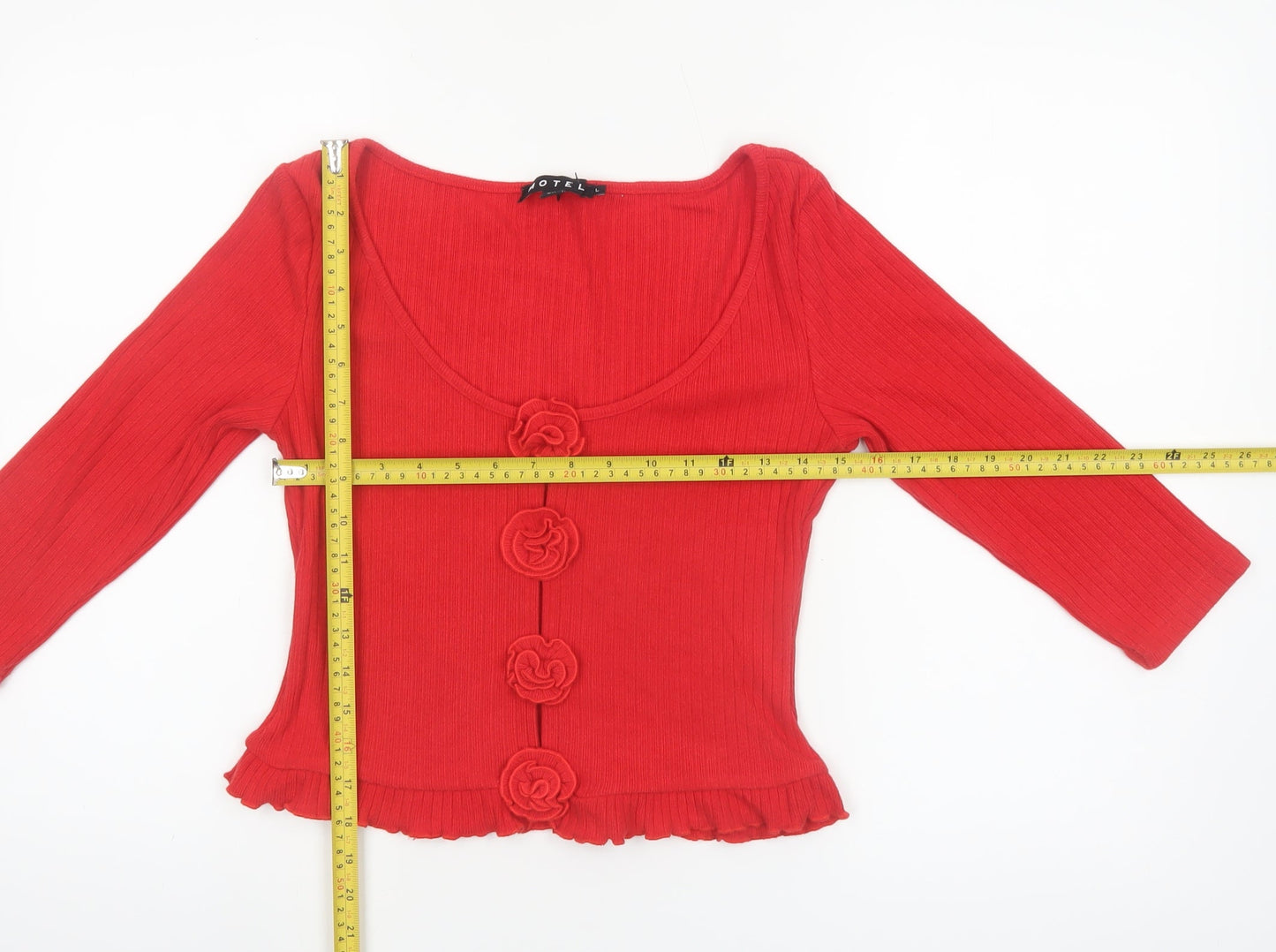 Motel Women Red Cropped Button Ruffle Knit Top Size L
