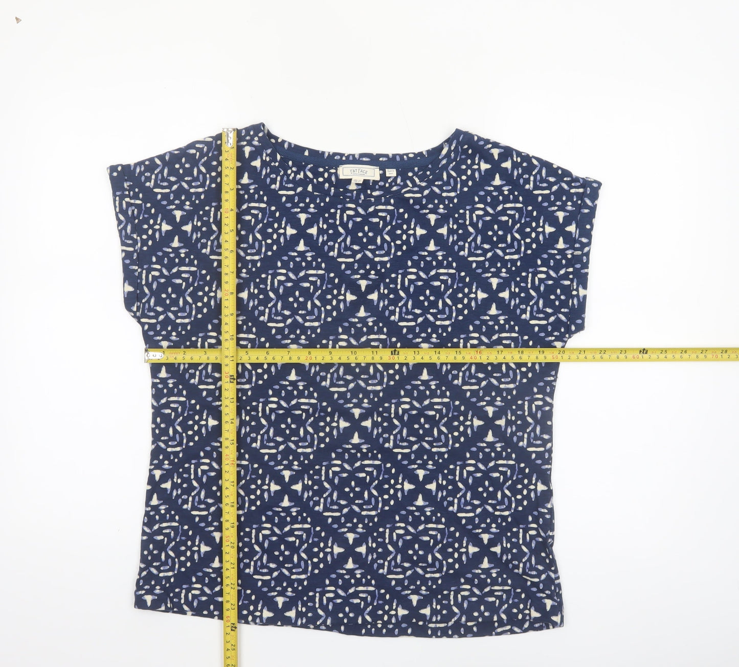 Fat Face Women's Blue Geometric Cotton T-Shirt UK 12