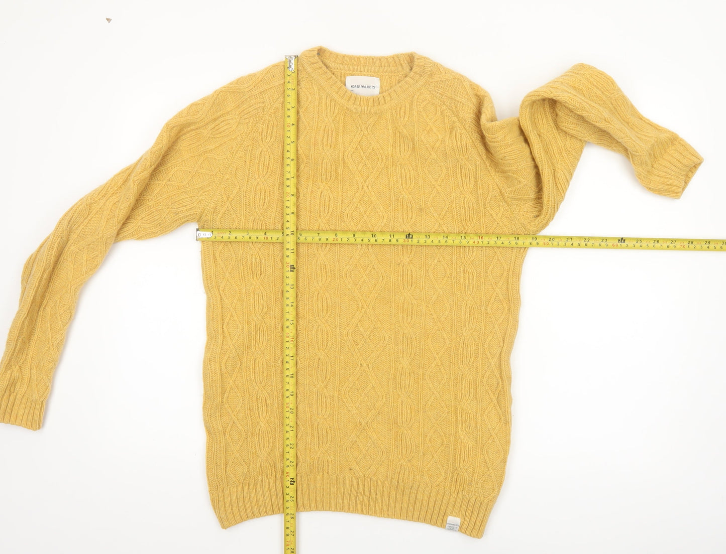 Norse Projects Men's Yellow Cable-Knit Wool Jumper XS