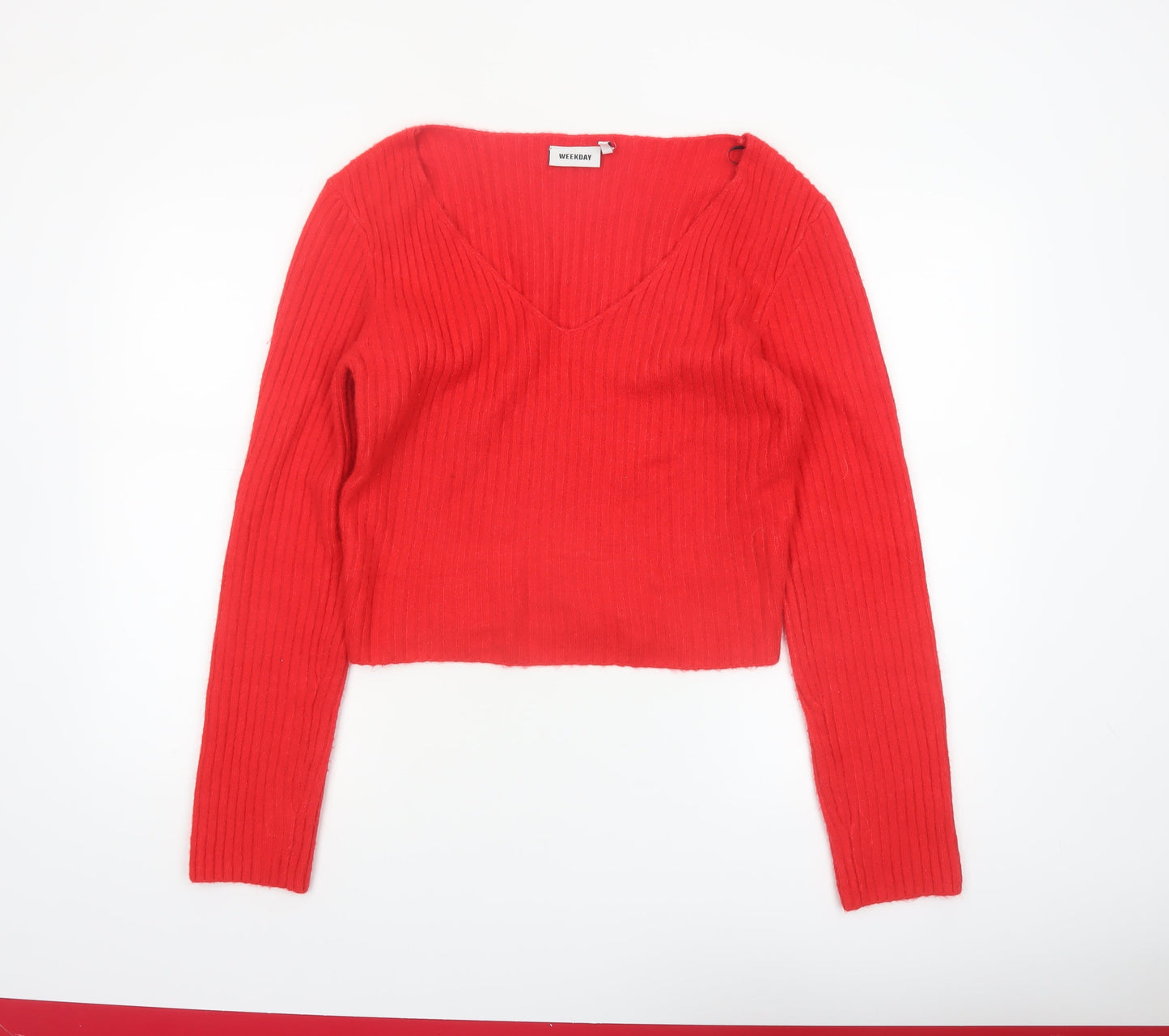 Weekday Women Red V-Neck Ribbed Knit Pullover Jumper Size L