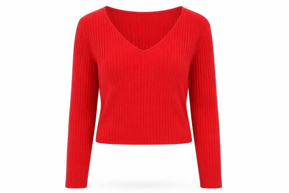 Weekday Women Red V-Neck Ribbed Knit Pullover Jumper Size L