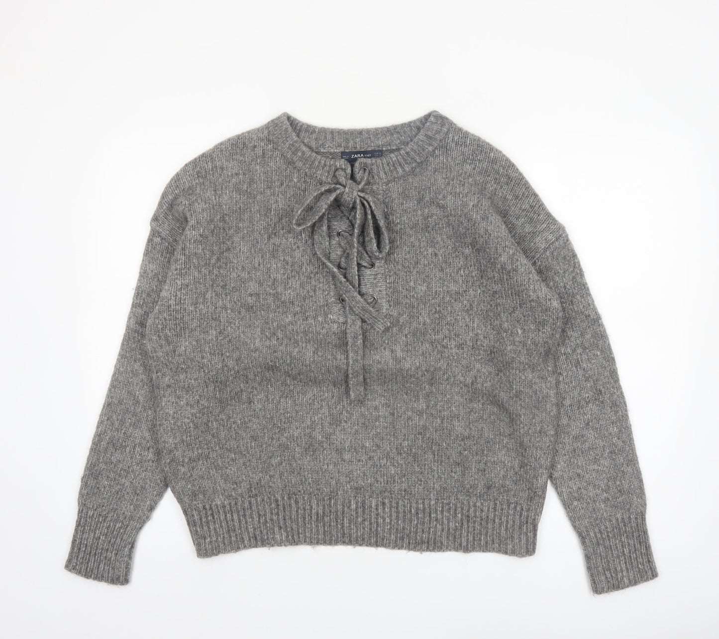 Zara Women Grey Knit Pullover Jumper M Long Sleeve Lace-Up Bow Wool Blend