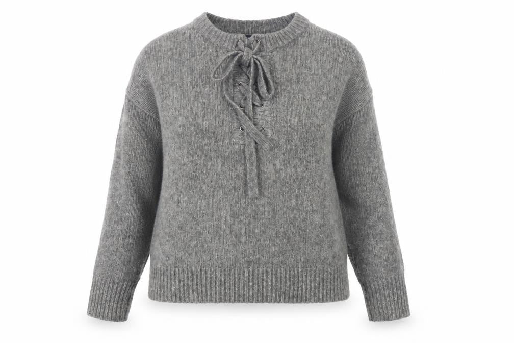 Zara Women Grey Knit Pullover Jumper M Long Sleeve Lace-Up Bow Wool Blend