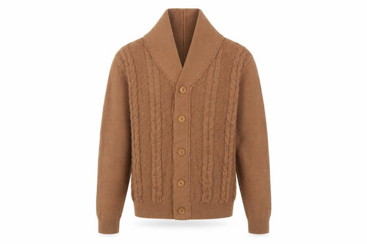 Guide London Men's Brown XL Cable-Knit Cotton Shawl Collar Cardigan