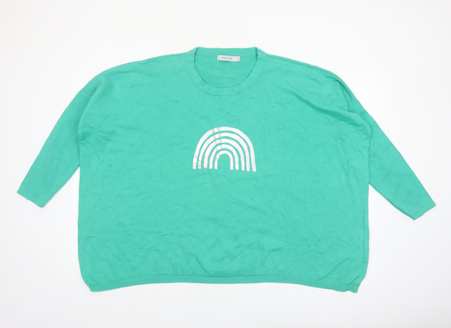 Haven Women Green Relaxed Crew Neck Rainbow Cotton Jumper One Size
