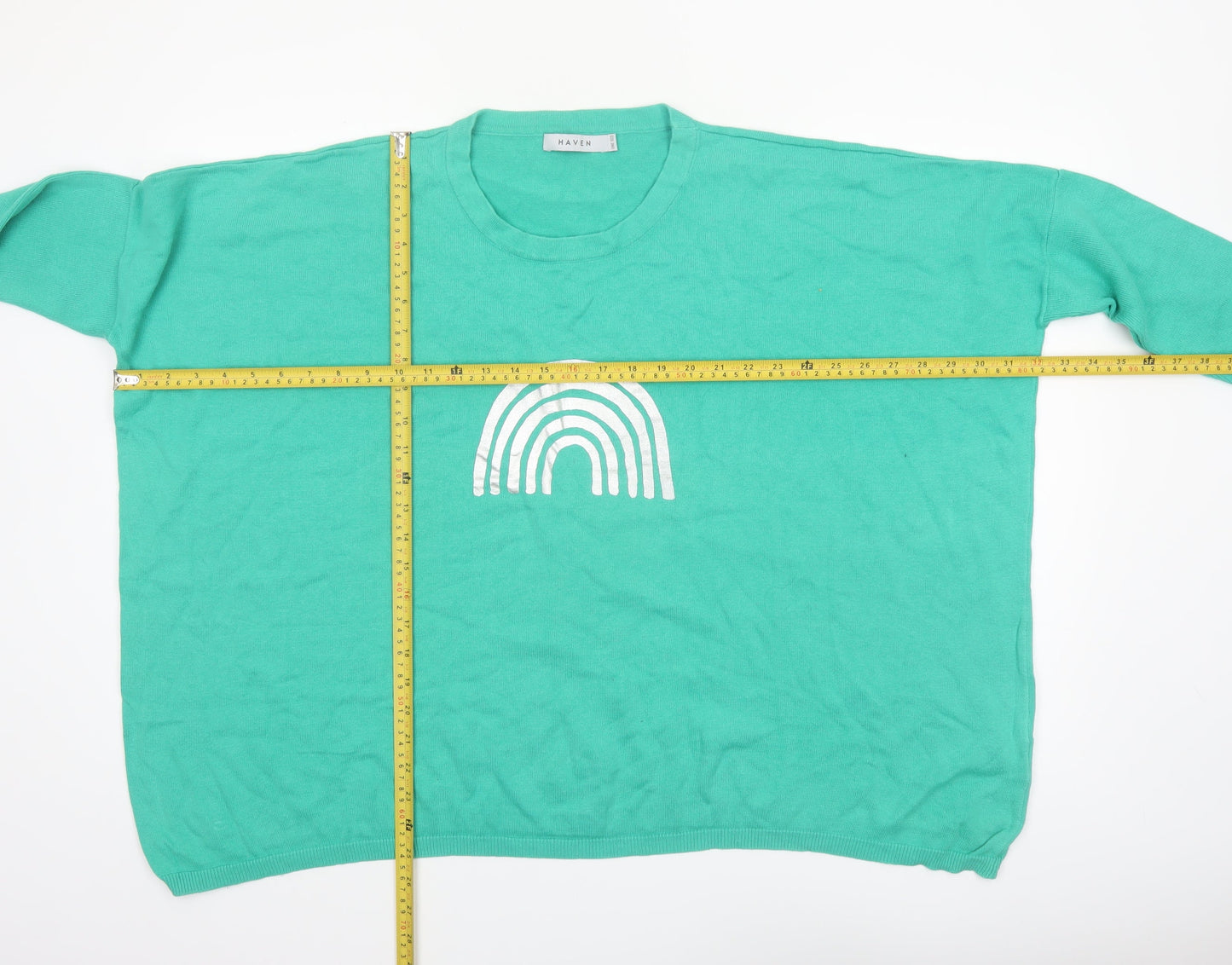 Haven Women Green Relaxed Crew Neck Rainbow Cotton Jumper One Size