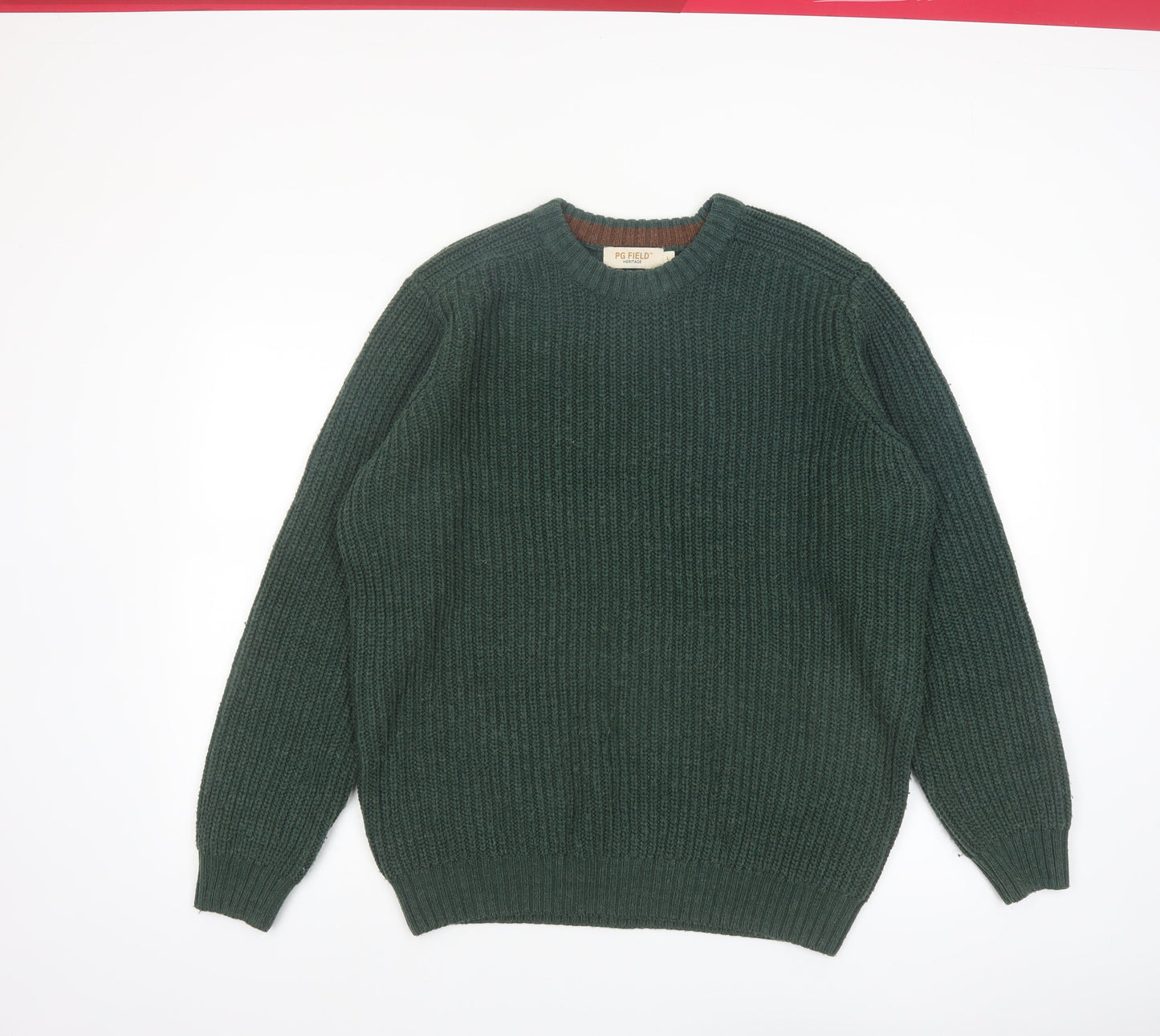 PG Field Men's Green Chunky-Knit Crew Neck Acrylic Jumper L