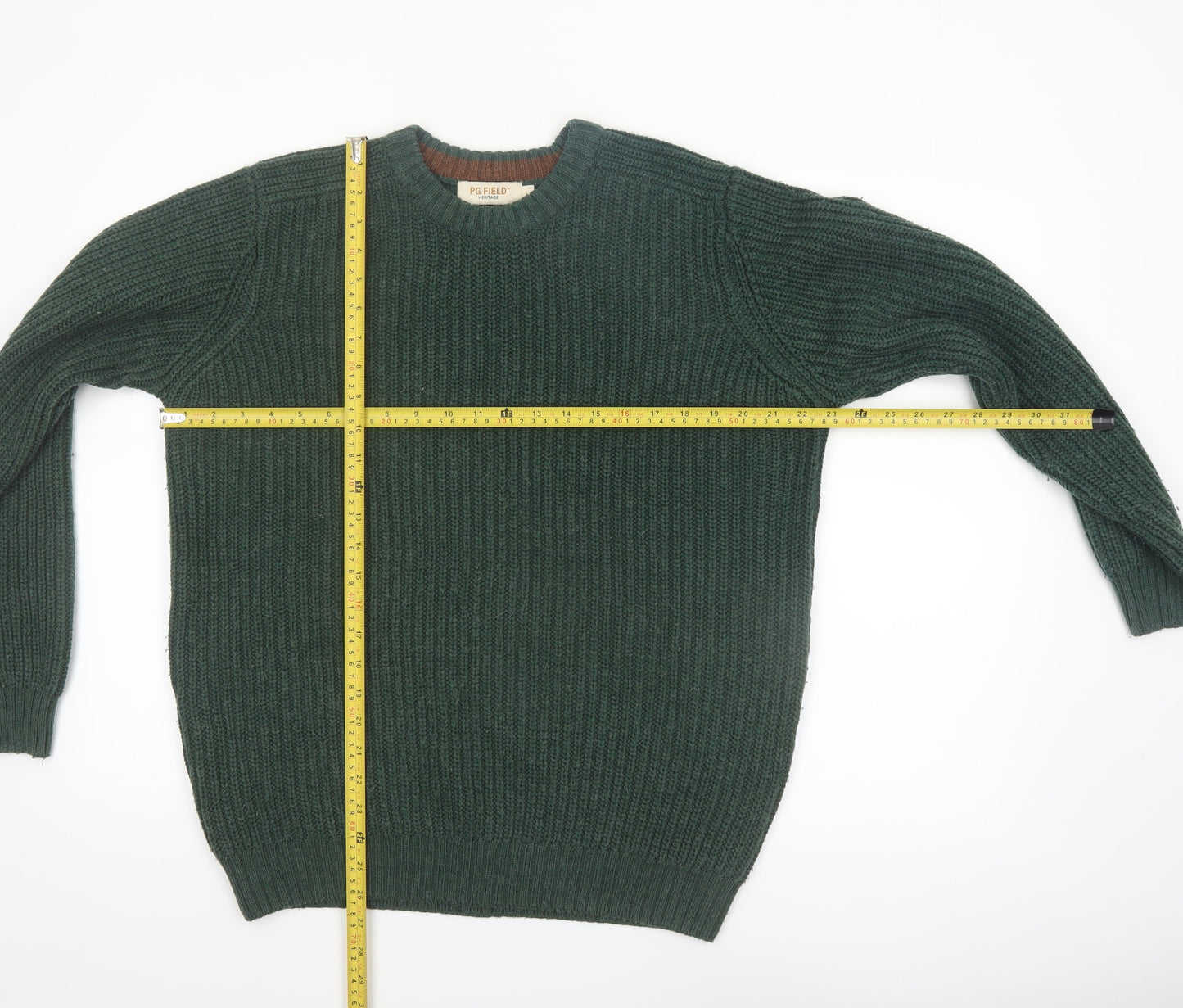 PG Field Men's Green Chunky-Knit Crew Neck Acrylic Jumper L