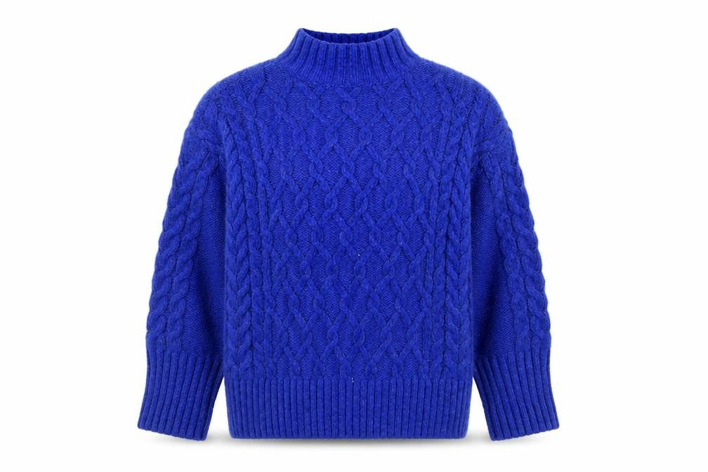 Biba Women's Blue Cable-Knit Mock Neck Jumper Size S