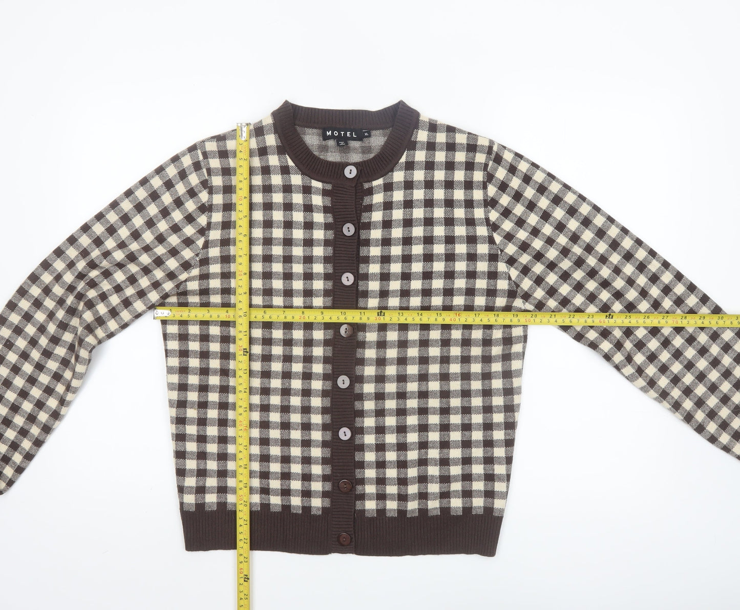 Motel Women Brown Beige Checked Cardigan XL Knit Long Sleeve