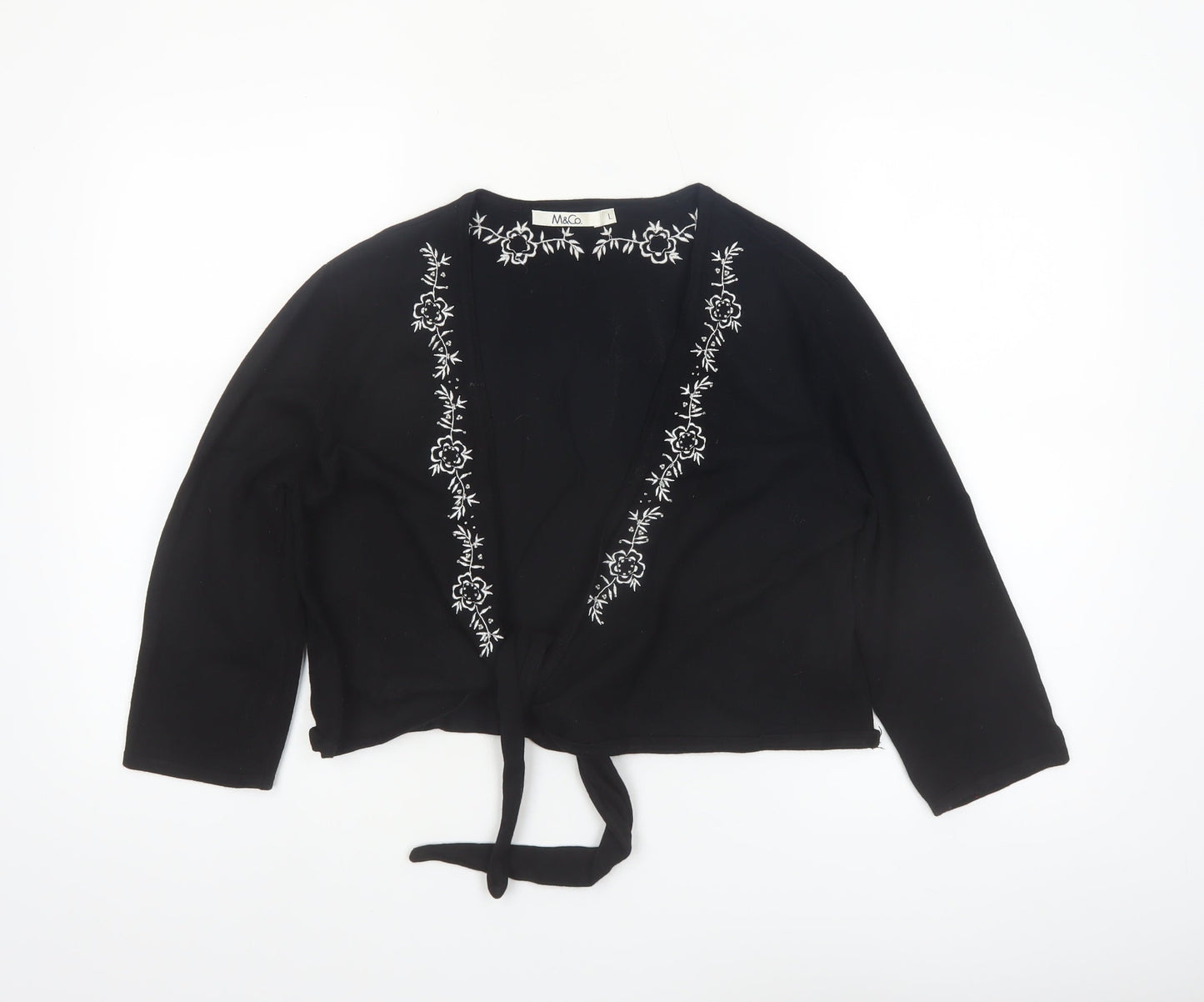 M&Co Women Black Embroidered Tie Front Cardigan Size L Viscose Mix