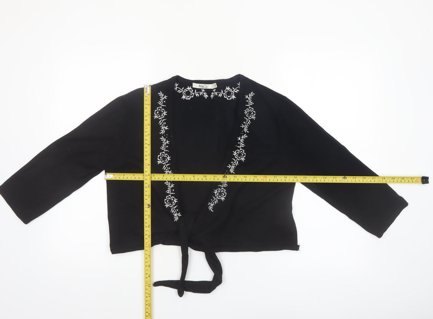 M&Co Women Black Embroidered Tie Front Cardigan Size L Viscose Mix
