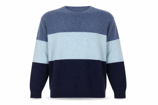 Uniqlo Men's Blue Colour Block Crew Neck Wool Blend Jumper Size S