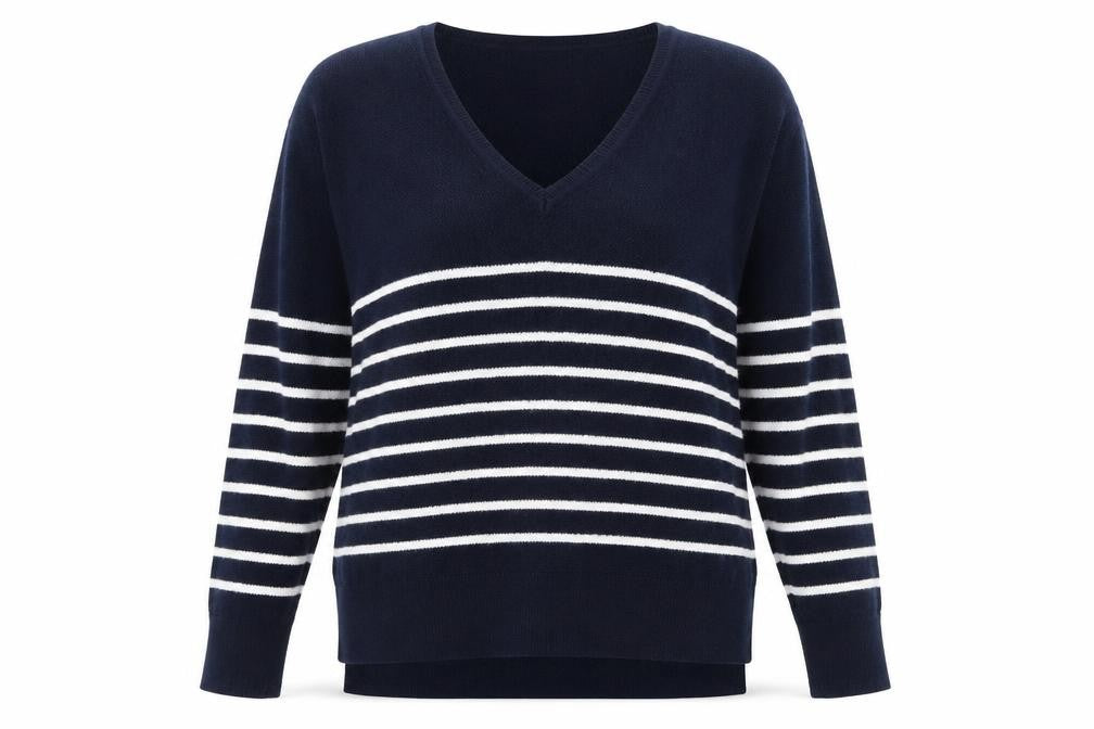 The White Company Women Blue Striped V-Neck Wool Blend Jumper Size 10