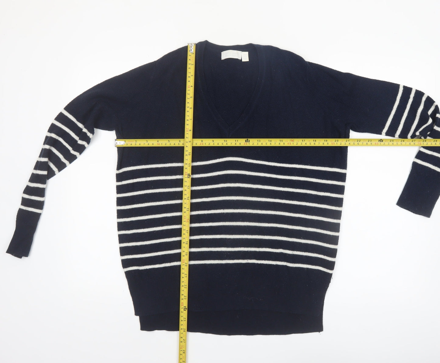 The White Company Women Blue Striped V-Neck Wool Blend Jumper Size 10