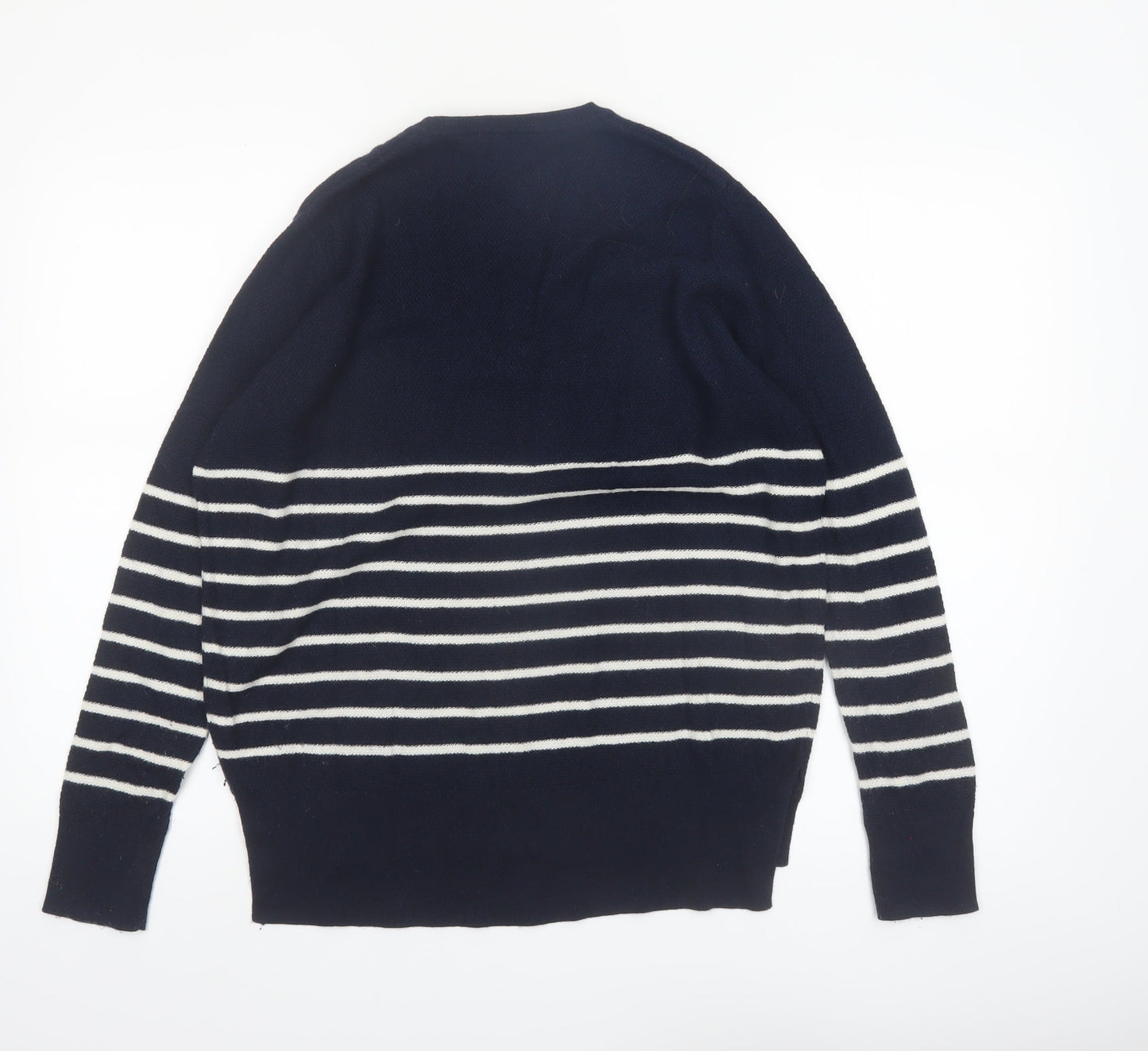 The White Company Women Blue Striped V-Neck Wool Blend Jumper Size 10