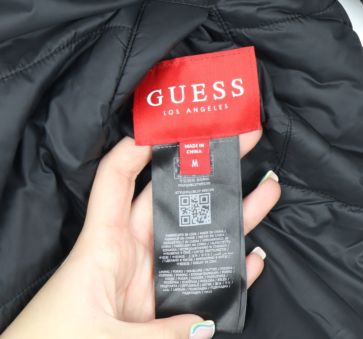 GUESS Men's Black Mid-Length Puffer Jacket Size M with Stand-Up Collar