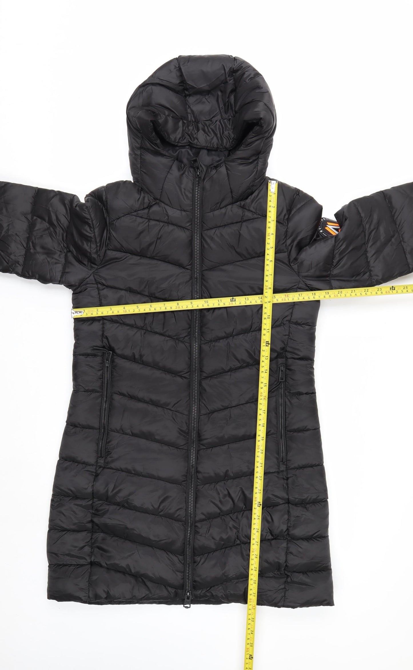 Superdry Women Black Size 10 Long Puffer Hooded Coat Fuji Series