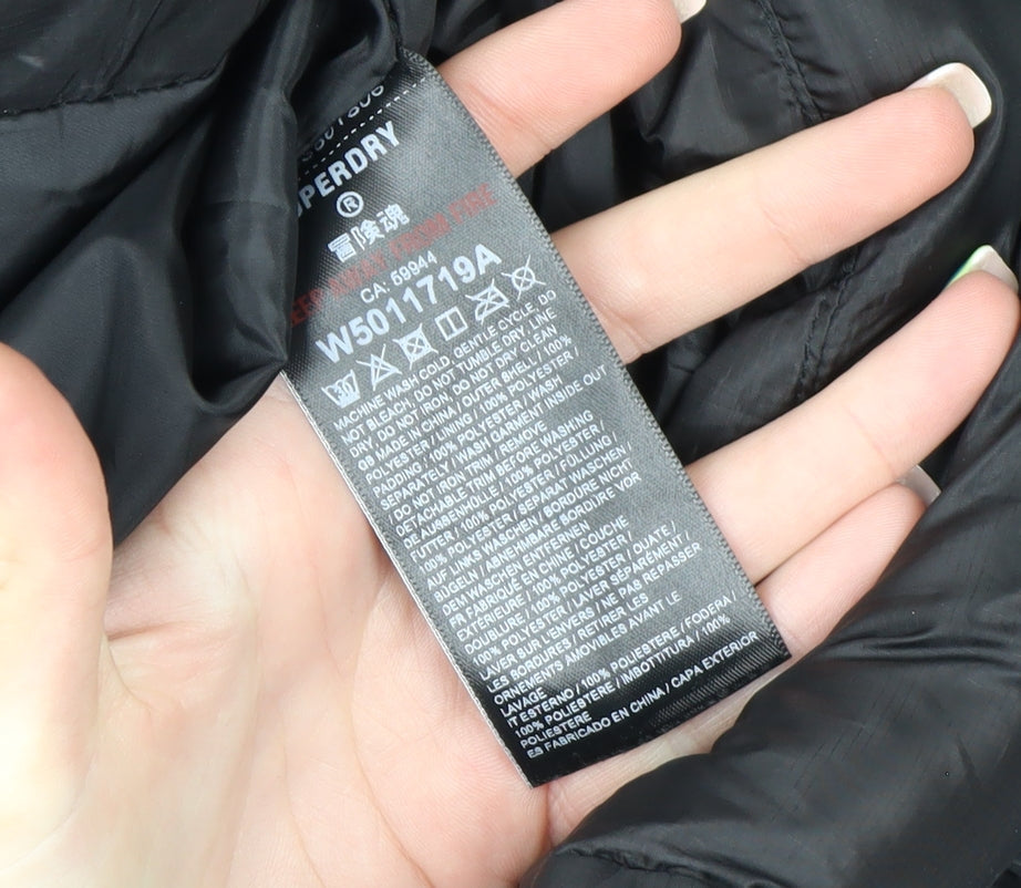 Superdry Women Black Size 10 Long Puffer Hooded Coat Fuji Series