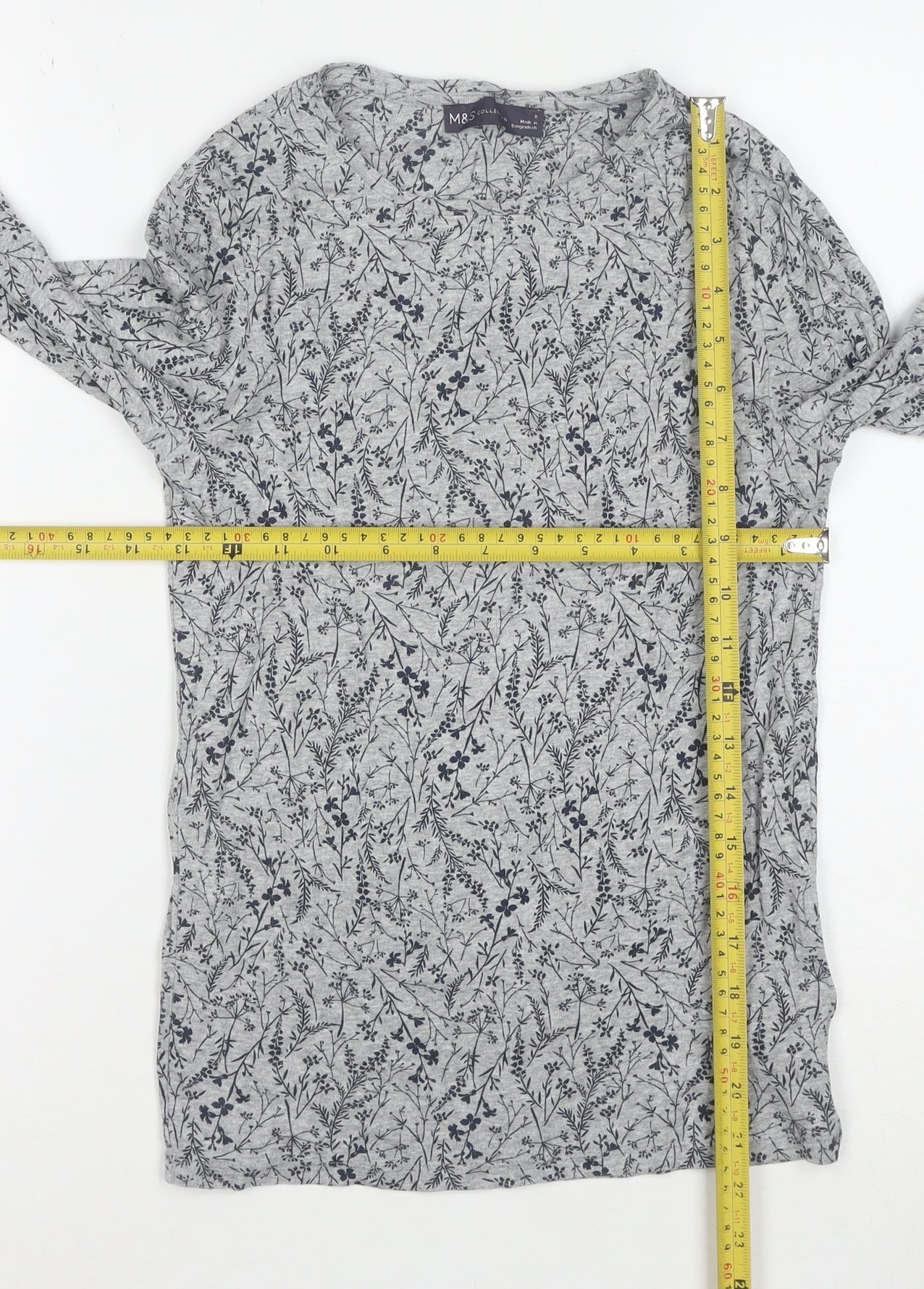 Marks and Spencer Women’s Grey Floral Long Sleeve Cotton T-Shirt Size 8
