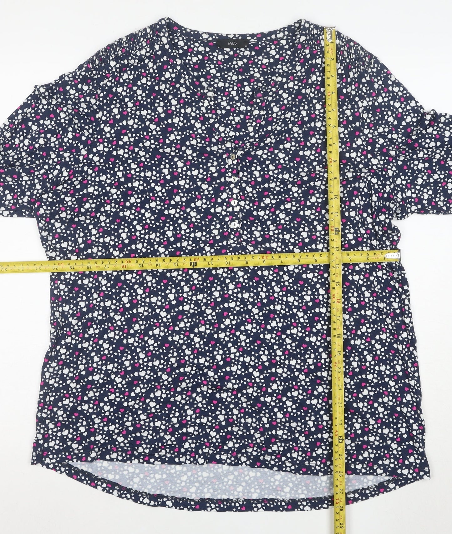M&Co Womens Navy Heart Print Button-Up Long Sleeve Tunic Top Size 20