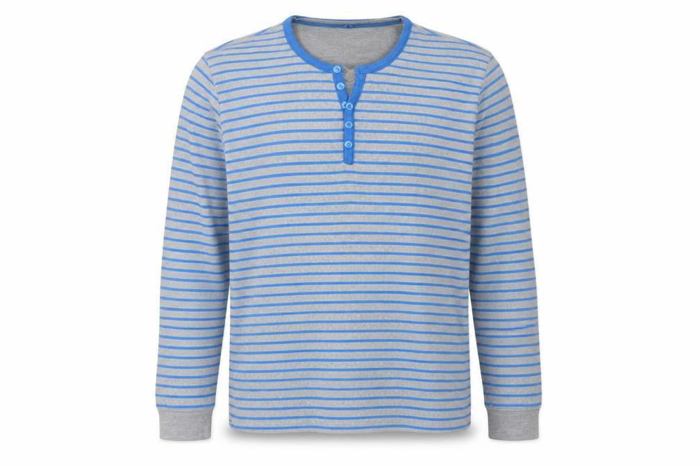 Easy Men Grey Blue Striped Henley Sweatshirt XL Long Sleeve