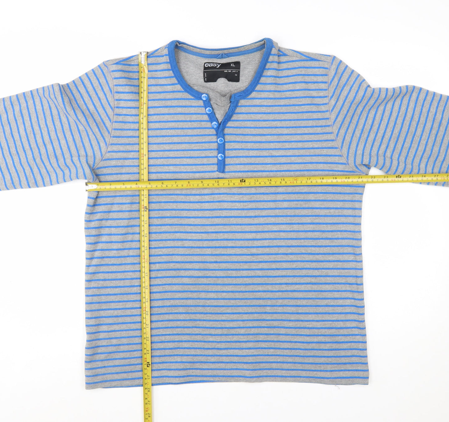 Easy Men Grey Blue Striped Henley Sweatshirt XL Long Sleeve